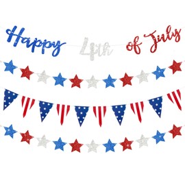MARFOREVER Pre-Strung Happy 4th of July Banner Decorations, 4 Pack Glitter Patriotic Stars Pennant Banners Red White Blue Hanging Garland for Independence Day Patriotic Party Home Decor Supplies