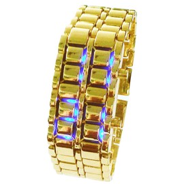 Classic Mens Binary Square LED Digital Watch Black Plated Wrist Watches (Black/red) (Gold/Blue)