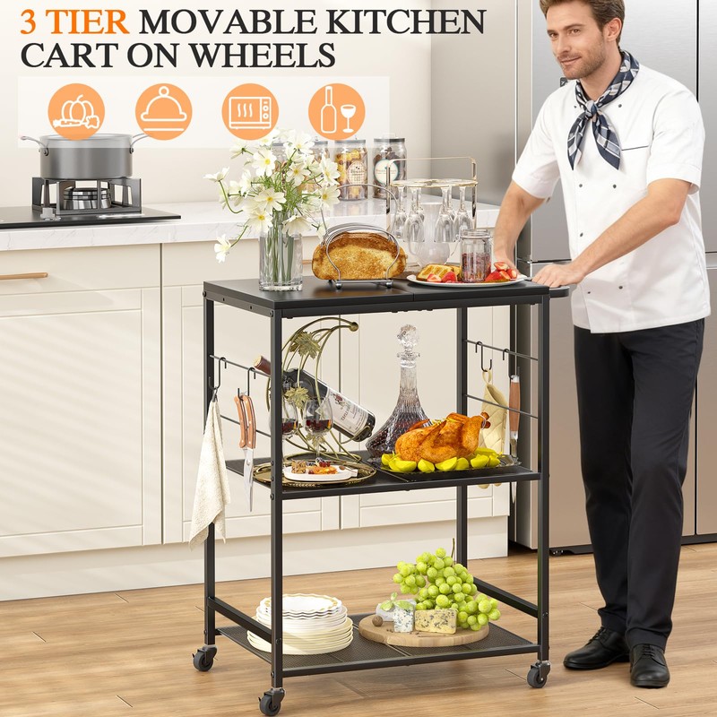 DAOUTIME Grill Cart for Outside, 3-Tier BBQ Food Prep Rolling