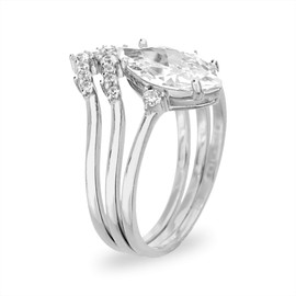 TwoBirch 925 Silver Marquise Three Ring Bridal Set with Three Stone Marquise Engagement Ring and Two Matching Chevron Contour Bands, Sterling Silver, Cubic Zirconia
