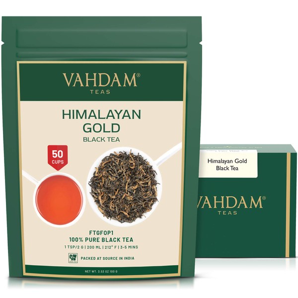 VAHDAM, Himalayan Gold Black Tea (50 Cups) | 100% PURE Black Tea Leaves with GOLDEN TIPS | Black Tea Loose Leaf | Brew as Hot Tea, Iced Tea or Kombucha Tea | 3.53oz