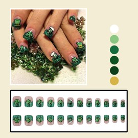 RIICFDD 24 Pcs St. Patrick's Day Press on Nails Short Square Fake Nails Green Glitter French Tip Nails Beer Magic Hat Glue on Nails Full Cover Lucky Clover Acrylic Nails False Nails for Women Girls