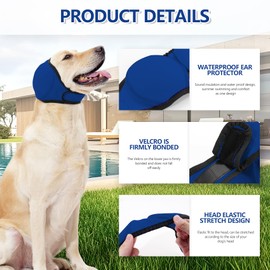 JOHNBOLIN Dog Ear Muffs & No Shake Ear Wrap for Hematoma, Bathing, Drying & Noise Anxiety Relief - Elastic Waterproof Ear Protector with Calming Hoodie Design for Grooming (Blue, S)