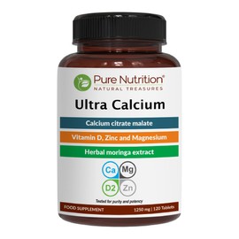Pure Nutrition Ultra Calcium Citrate 1250 mg | Highly absorbable Calcium Supplement with Calcium Citrate Malate, Vitamin D, Zinc, and Magnesium | 1 Tablet Daily | Non-GMO | Gluten-Free | 120 Veg Tabs