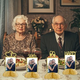 50th Wedding Anniversary Decorations, 50th Golden Wedding Photo Table Centerpieces Happy 50th Anniversary Table Toppers Honeycomb Decorations Love Ring Cheers to 50 Years Party Supplies