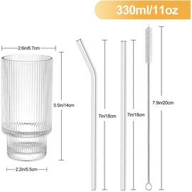 4 PACK, 11 OZ -Premium Ribbed Drinking Glass Cups with Straws. Stackable Ribbed Glassware, Origami Style Ridged Glass Tumbler, for Iced Coffee, and Iced Tea. - Color: 4pcs 11 OZ &4PCS 6 OZ without straws