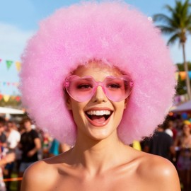BESTBEL+Hair Cap Pink Afro Wig and Sunglasses Pink Wigs for Women Curly Afro Wig for Halloween Disco Party Outfits Funny Wigs with Bangs Cosplay Costume Fluffy Bouncy Synthetic Hair
