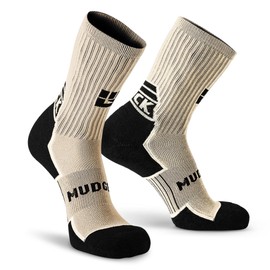 MudGear Ruck Crew Socks, Merino Wool Tactical Boot Socks for Military, Rucking, Hiking, and Outdoor Adventures, Compression Comfort, Anti-Blister, Sweat-Resistant, USA-Made, Tan/Black, Small