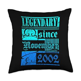 Lustiger Geburtstagsspruch zum 20. Geburtstag 20th Birthday Legendary Since November 2002 Vintage Retro Throw Pillow, 18x18, Multicolor