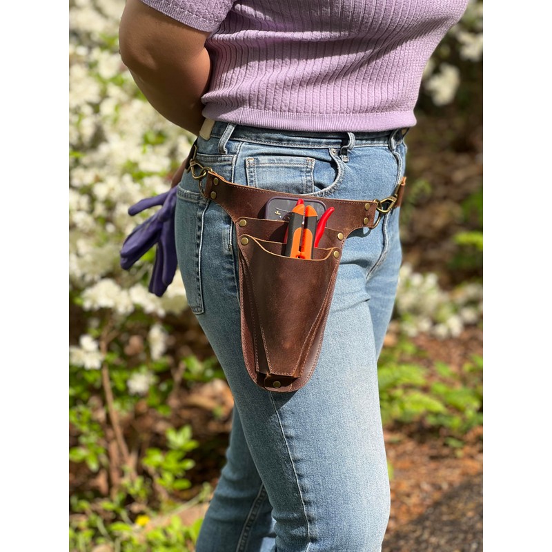 Garden Tool Belt, Handmade Premium Leather with Pouches Pockets Holster