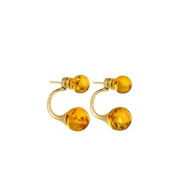 Real Amber Stud Earrings for Women – Double Ball Design, 24k Real Gold Plated Silver, 100% Natural Baltic Amber Jewelry, Sophisticated and Solid Gift for Ladies - Hypoallergenic Earrings for women