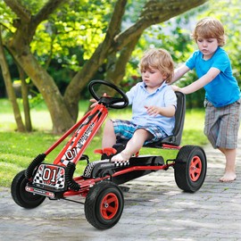 Costzon Go Kart for Kids, 4 Wheel Off-Road Pedal Go Cart w/Adjustable Seat, Steering Wheel, 2 Safety Brakes, EVA Rubber Tires, Ride-On Toys for Boys & Girls, Outdoor Racer Ride On Pedal Car (Red)