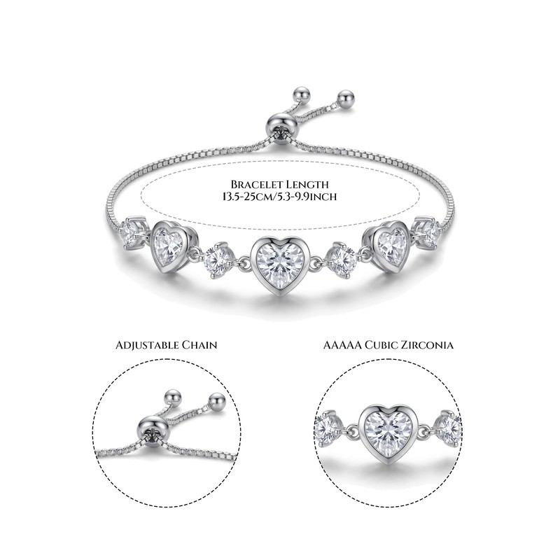 Silver Adjustable Cubic Zirconia Heart Bracelet for Women, Dainty Stackable