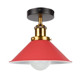 DC VOLTAGE Modern Industrial Semi Flush Mount Ceiling Light 22cm Red Metal Cone Shade with White Lining Brass Socket E27 Base for Kitchen Hallway Bedroom Entryway
