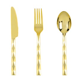 Lullaby 200PCS Gold Plastic Silverware, High End Disposable Cutlery with Square Handle Design Include 100 Forks, 50 Spoons, 50 Knives, Elegant Silverware for Wedding, Party, Gathering and Daily Use