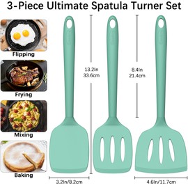 Coukre Silicone Spatula Set of 3, High Heat Resistant, BPA-Free, Kitchen Utensils, Fish Spatula, Solid & Slotted Turner for Non-Stick Pans, Flipping Eggs, Pancakes, Fish, Burgers (3, PureAquaGreen)