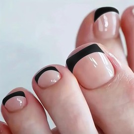Black French Tip Press on Toenails Short Square Fake Toenails Black Edge Full Cover French Toe Nail Tips Nude False Toenails Full Cover Glossy Summer Acrylic Toe Nails Decorations for Women 24Pcs