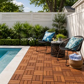 THYOI Premium Deck Tiles, Patio Flooring - Set 10 Pcs 12”x12”x0.9” Interlocking Deck Tiles, Waterproof Acacia Wood for Balcony, Backyard, Indoor & Outdoor (Brown, Crossed Pattern, Square Joints)