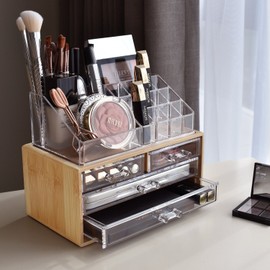 Neuxi Bamboo Makeup Organizer with 4 Acrylic Storages