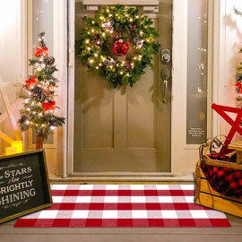 Christmas Red and White Plaid Rug - 24 x 51 Inches Outdoor Front Door Decor Mat Cotton Washable Hand-Woven Rug Christmas New Year Holiday Porch Entryway Layered Doormat