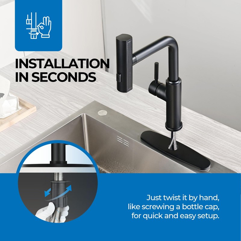 WEWE Waterfall Kitchen Faucet with Pull Down Sprayer, Black Kitchen
