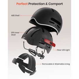 Scavin Bike Helmet for Adult: Bicyle Helmet with EPS Foam Interior for Men & Women, Adjustable Cycling Helmet with LED Light Safety Certified for Commuting, Road Biking, Scooter(Matte Black, Medium)