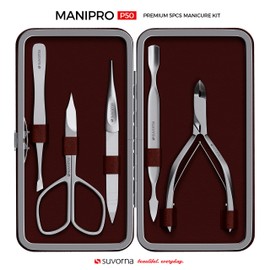 Suvorna Manipro p50 Premium 5 Pcs Manicure Kit Case In Sand Finished Stainless Steel, (Cuticle Nipper, Nail Scissor, Cuticle Pusher, Tweezers & Nail Filer). Perfect little Gift set.