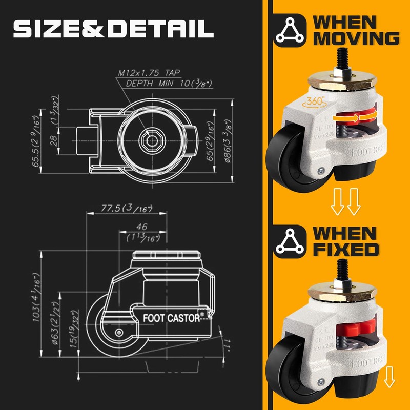 Retractable Leveling Machine Casters 4Pcs- 4400 lbs Per Set -