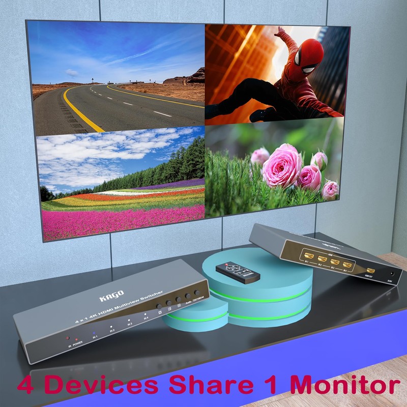 KAGO 4K HDMI Multi Viewer 4x1 Quad Divider with Remote