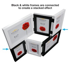EXCELLO GLOBAL PRODUCTS Folding Wooden Collage Photo Frame, Holds 3x5 and 5x7 Photos, Desk Stand or Wall Mount, Black and White