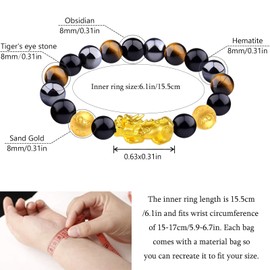Triple Protection Healing Good Energy Bracelet- Tiger Eye Hematite Black Obsidian Natural Stone Pixiu Jewelry Bracelet Bring Good Luck & Prosperity to Men Women