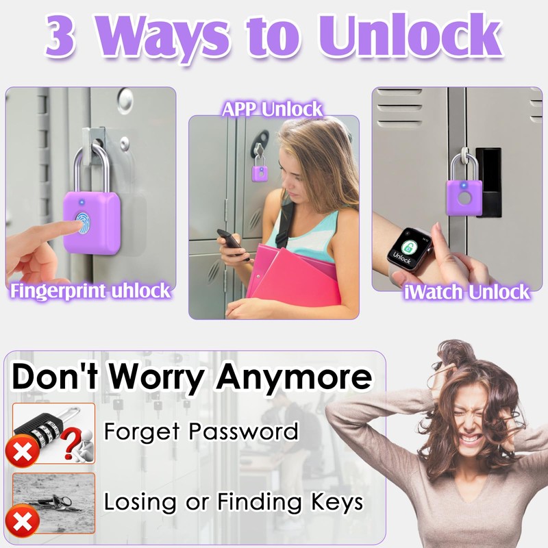 Pothunder Fingerprint Padlock, Smart Padlock, Locker Lock, Combination Fingerprint Lock
