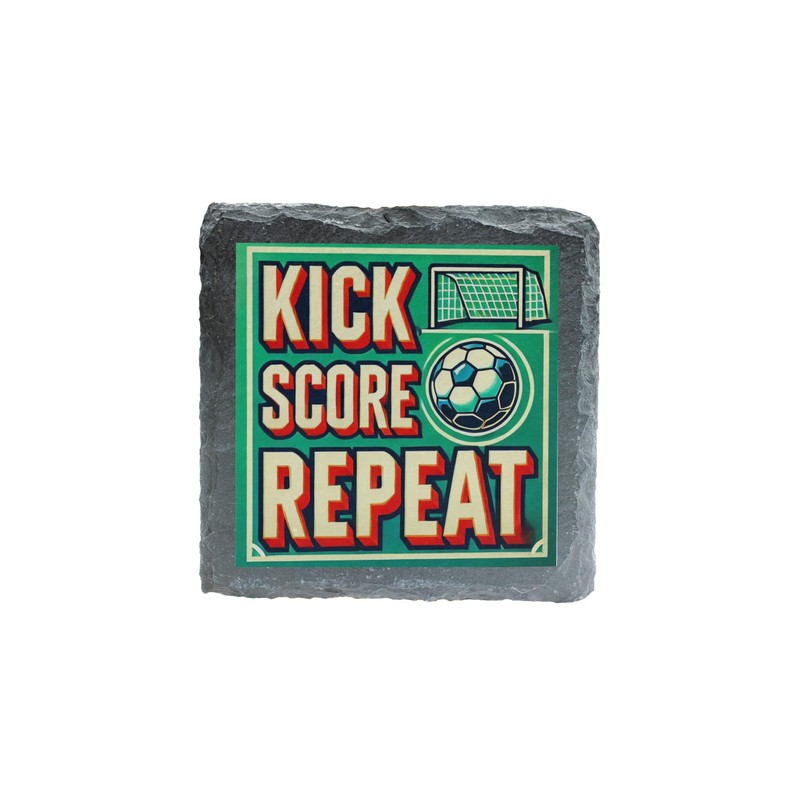 "Kick, Score, Repeat" Soccer-Themed Slate Coaster (slco-ds24-reprg)