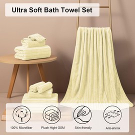 8 Pcs Light Yellow Cabana Stripe Bath Towel Set Oversize Bath Sheet-2 Bathroom Towels,2 Hand Towels,4 Washcloths Soft Jumbo Towels Absorbent Shower Towel Quick Dry Beach Chair Towel for Spa Gym Hotel