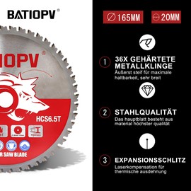 BATIOPV Circular Saw Blade 165 x 20 mm - Metal Saw Blade for Steel, Aluminium, Metal Tubes - Compatible with Dewalt Makita, Durable and Precise