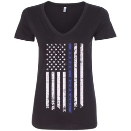 Threadrock Women's Honor & Respect Thin Blue Line Flag V-neck T-shirt M Black