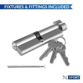 XFORT® Chrome 45T/50 Thumb Turn Euro Cylinder Lock (95mm), Euro Door Barrel Lock with 3 Keys, Anti-Bump, Anti-Drill, Anti-Pick Door Lock with Key, High Security for Wooden, UPVC and Composite Doors.