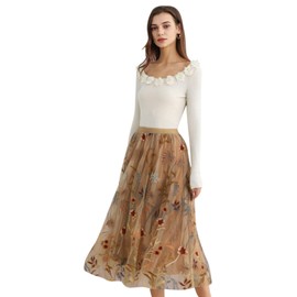 CHICWISH Women Floral Embroidered Tulle Skirt Flared A Line High Elastic Waist Mesh Double-Layered Midi Skirt, Camel, XX-Large-3X-Large