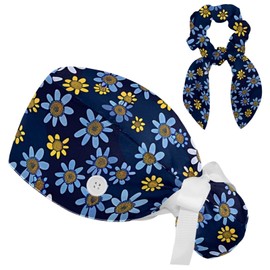 Scrub Caps Women with Button,Adjustable Bouffant Surgical Caps with Ponytail Pouch,Daisy Blue Seamless Flowers Working Cap with Bow, Daisy Blue Seamless Flowers, One Size
