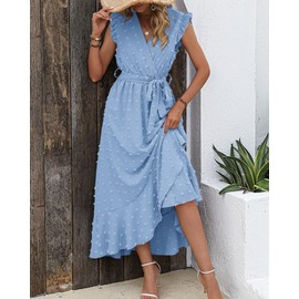 BTFBM Women 2024 Summer V Neck Dress Cap Sleeve Swiss Dot Boho Ruffle Slit Beach Cocktail Party Flowy Long Maxi Dresses(Swiss Dot Sky Blue, Small)