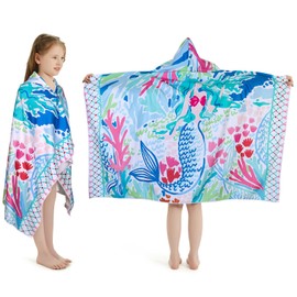Girls' Hooded Bath Towel, Oversized 50" L x 30" W for Ages 3 to 12 Kids, Quick Dry Lightweight Soft Microfiber Hood Beach Towel Cover Up, Mermaid Theme -1Pack