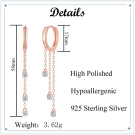 Bewenda Hoop Earrings Silver Long Earrings Hanging 925 Sterling Silver Drop Earrings for Women, Hypoallergenic Long Tassel Chain Drop Earrings with White Cubic Zirconia, Dangle Dangle Earrings with