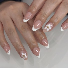 French Tip False Nails - 24Pcs Short Almond Press on Nails - Daisy Flower French Tip Nails - Full Cover Nude Pink Fake nails with Glue, Reusable Short Almond nails Nail Art Decoration