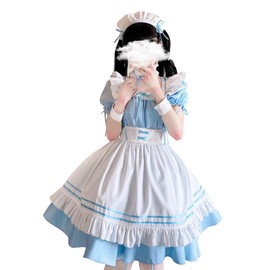 LISANEK Maid Outfit Anime Cosplay Lolita Dress French Maid Costume Plush cat ear Socks set (M, Blue)