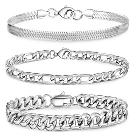 Lilbitty 3-Piece Men's Bracelet Set, 21 cm Titanium Steel Silver Bracelets, Stylish Men's Bracelets, Chain Bracelet, Figaro, Cuban Link, Gift Ideas Jewellery