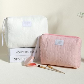 MHDGG 2 Pieces Makeup Bag Large Cosmetic Bag Capacity Travel Makeup Bag Organizer Cute Makeup Brushes Aesthetic Accessories Storage Bag for Women,White Pink