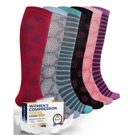 Pembrook Light Compression Socks for Women - 6 Pairs | Floral & Striped | 8-15 mmHg | Cotton
