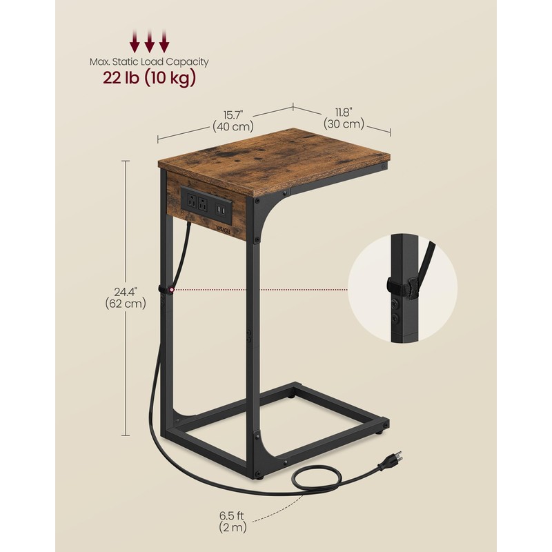 VASAGLE C-Shaped Side Table, End Table with Charging Station, C
