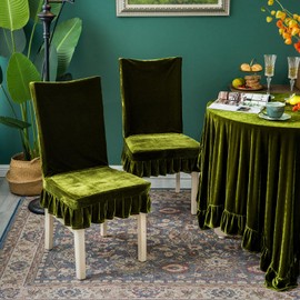 Velvet Chair Covers Set of 2 Retro Ruffle Flounces Trim Soft Decorative Luxurious Solid Olive Green Farmhouse Vintage Washable Soft Stretch Dining Seat Slipcover Removable Parsons Chair Protector