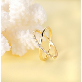 TIGRADE 14 K Gold Plated Stacking Ring X Shaped Criss Cross Ring CZ Pave Double Band Eternity Ring for Women, Gold, Size 7